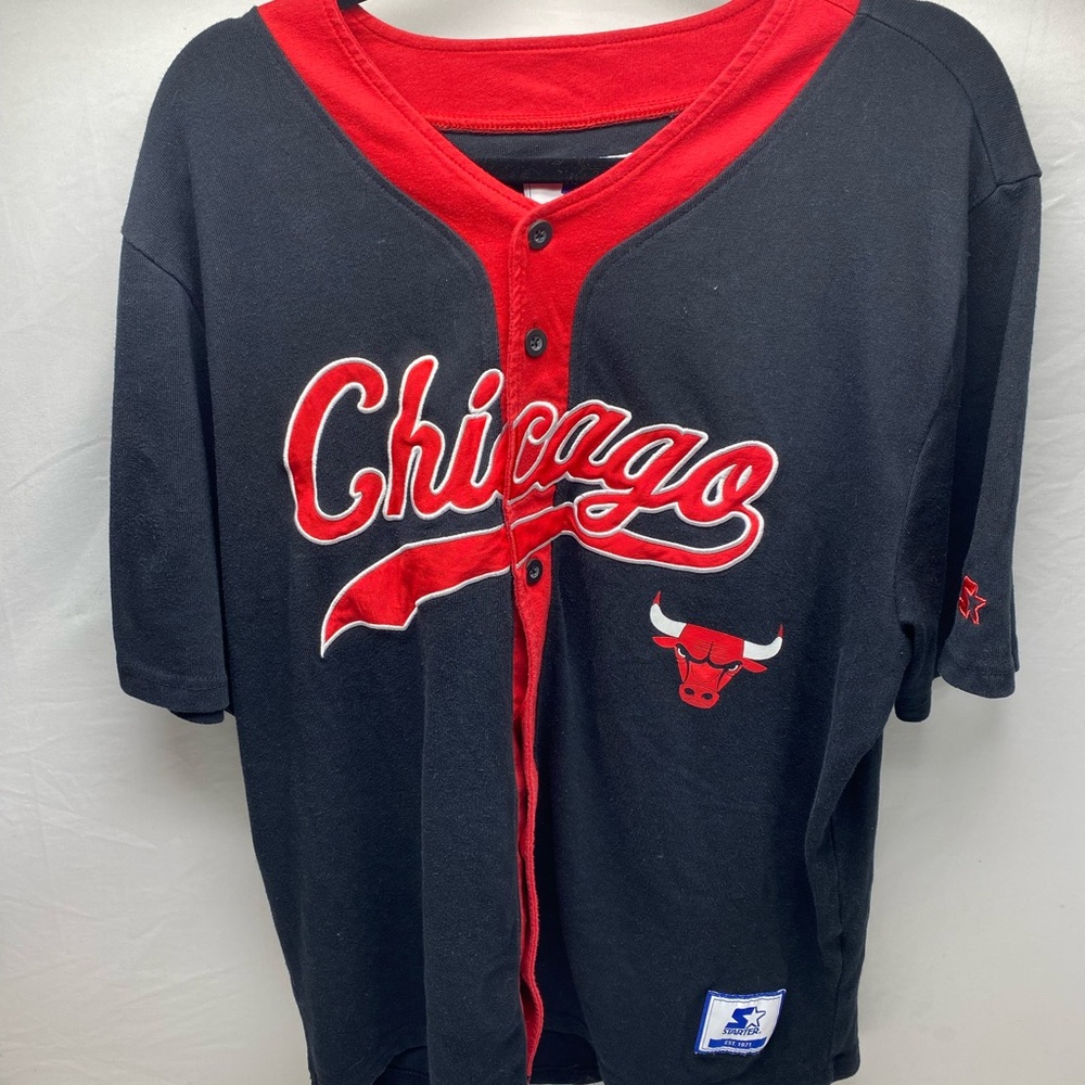 Chicago Bulls Starter Baseball Jersey Mens XL Red Black NBA Retro Button Up